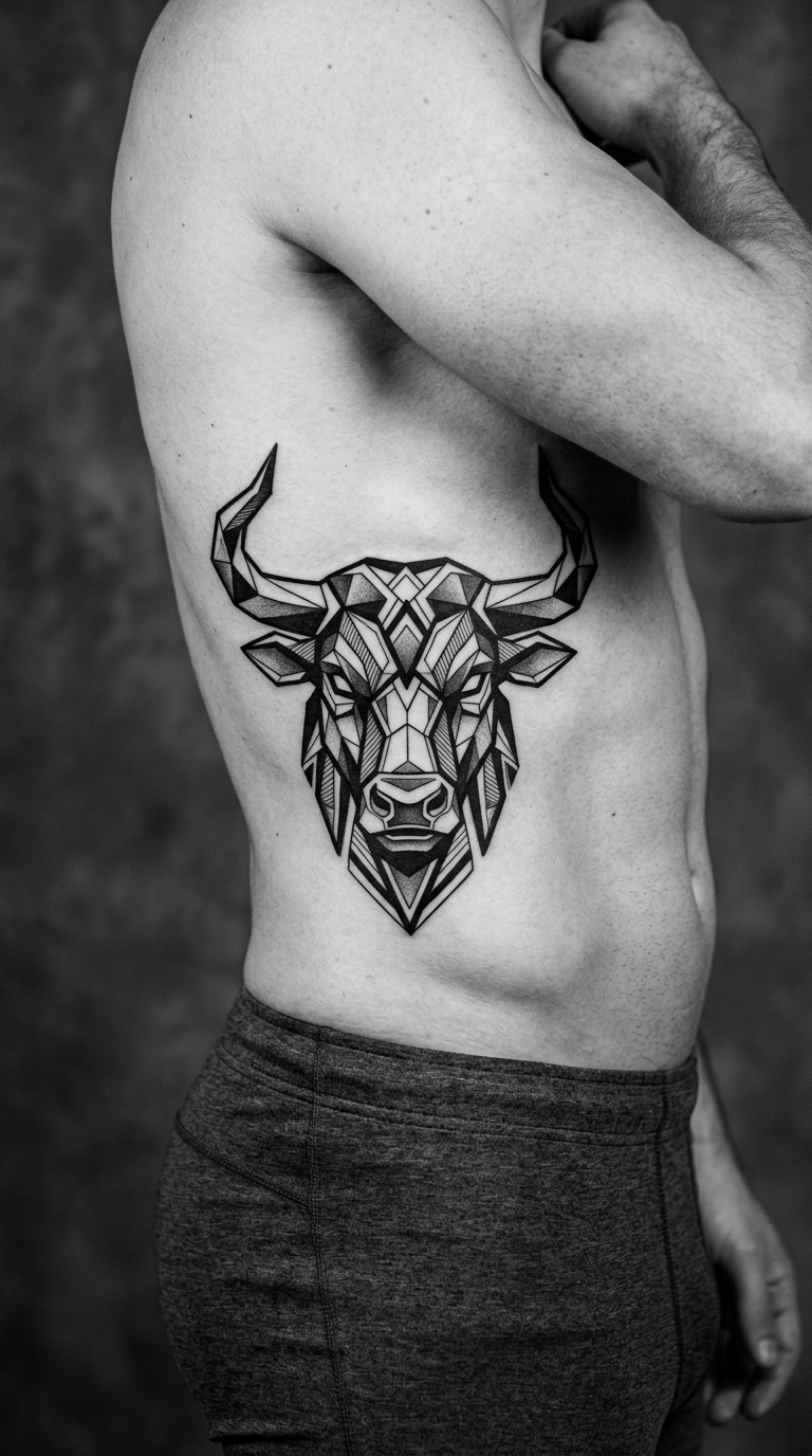 Minotaurus als geometrische Tattoo Idee für die Rippen