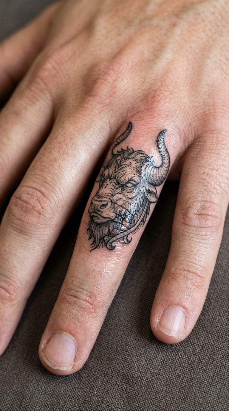 Minotaurus Kopf als feine Dotwork Tattoo Idee für den Finger