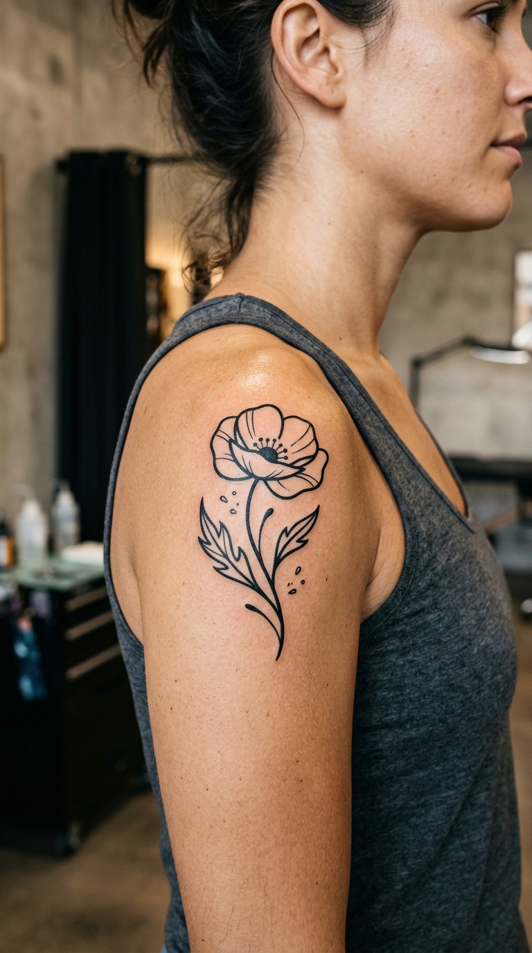 Mohnblume als grafisches Zeichen Tattoo für die Schulter