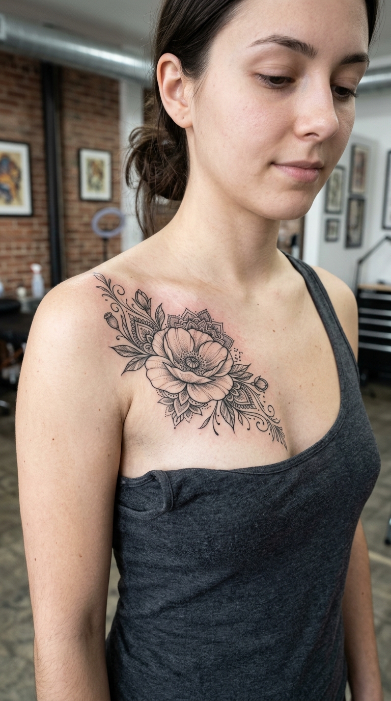Mohnblume als Henna Tattoo Idee für Brust & Oberkörper