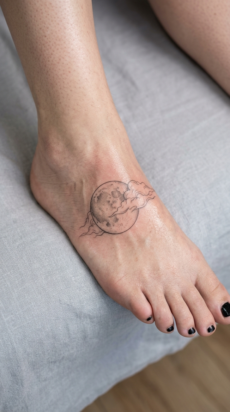 Mond hinter Wolken als Fineline Tattoo für den Fuß