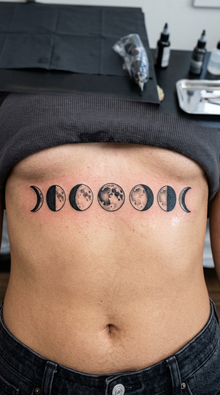 Mondphasen als Blackwork Tattoo auf dem Bauch