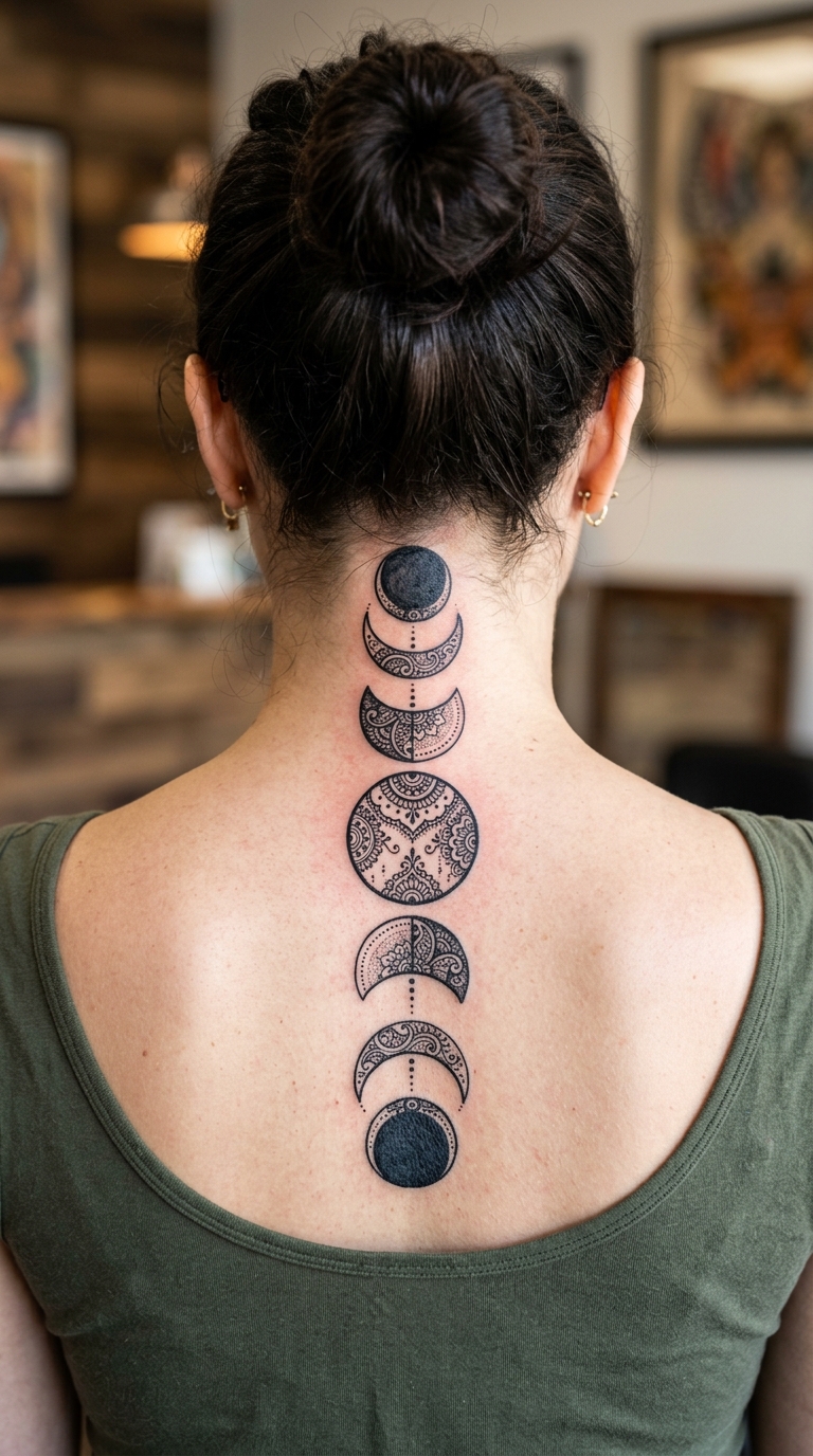 Mondphasen als filigranes Henna Tattoo für den Nacken