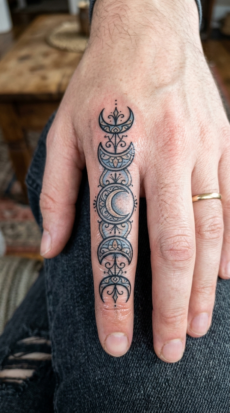 Mondphasen als Neo Traditional Tattoo für den Finger