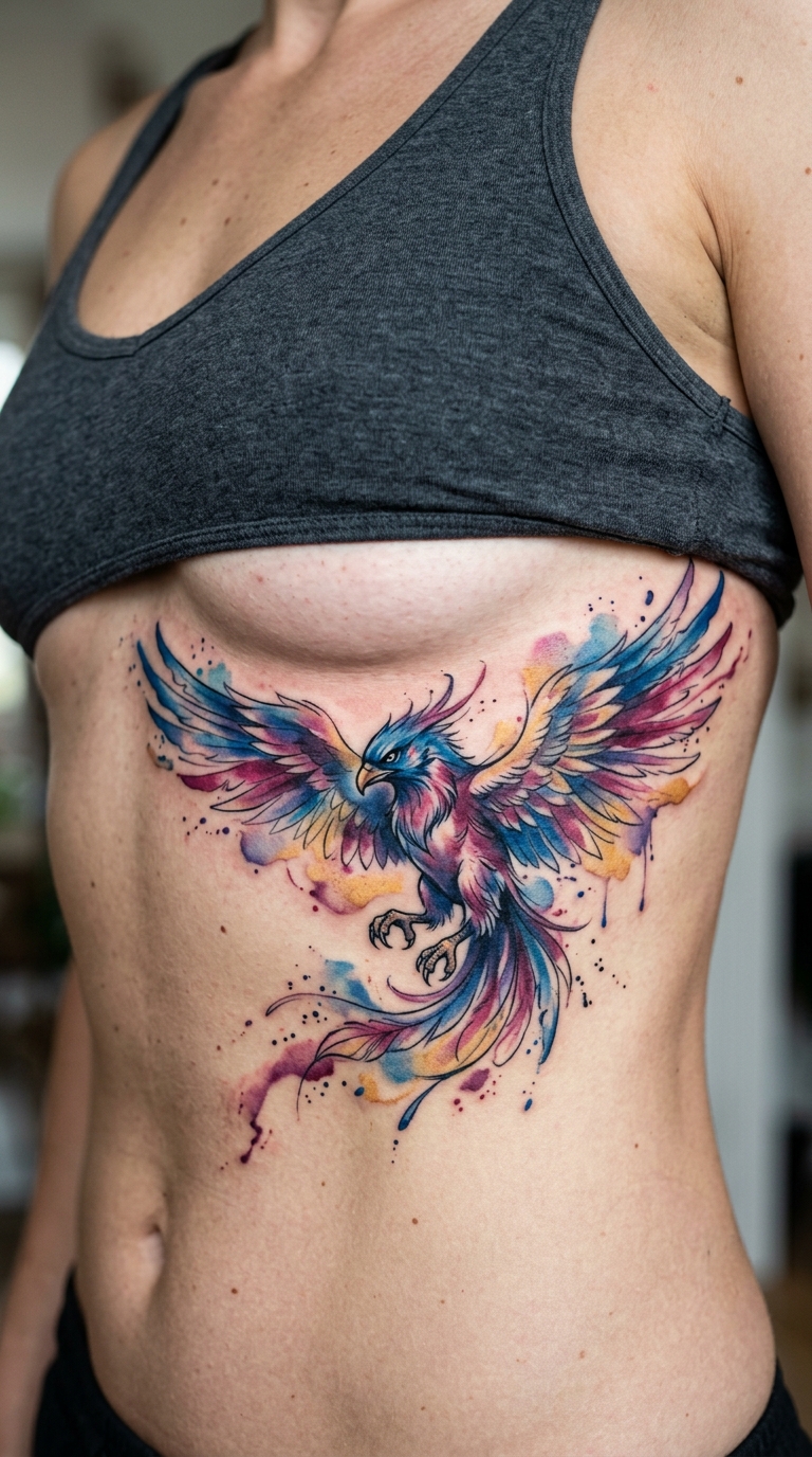 Mythischer Roc Vogel als farbenfrohes Aquarell Tattoo für den Underboob