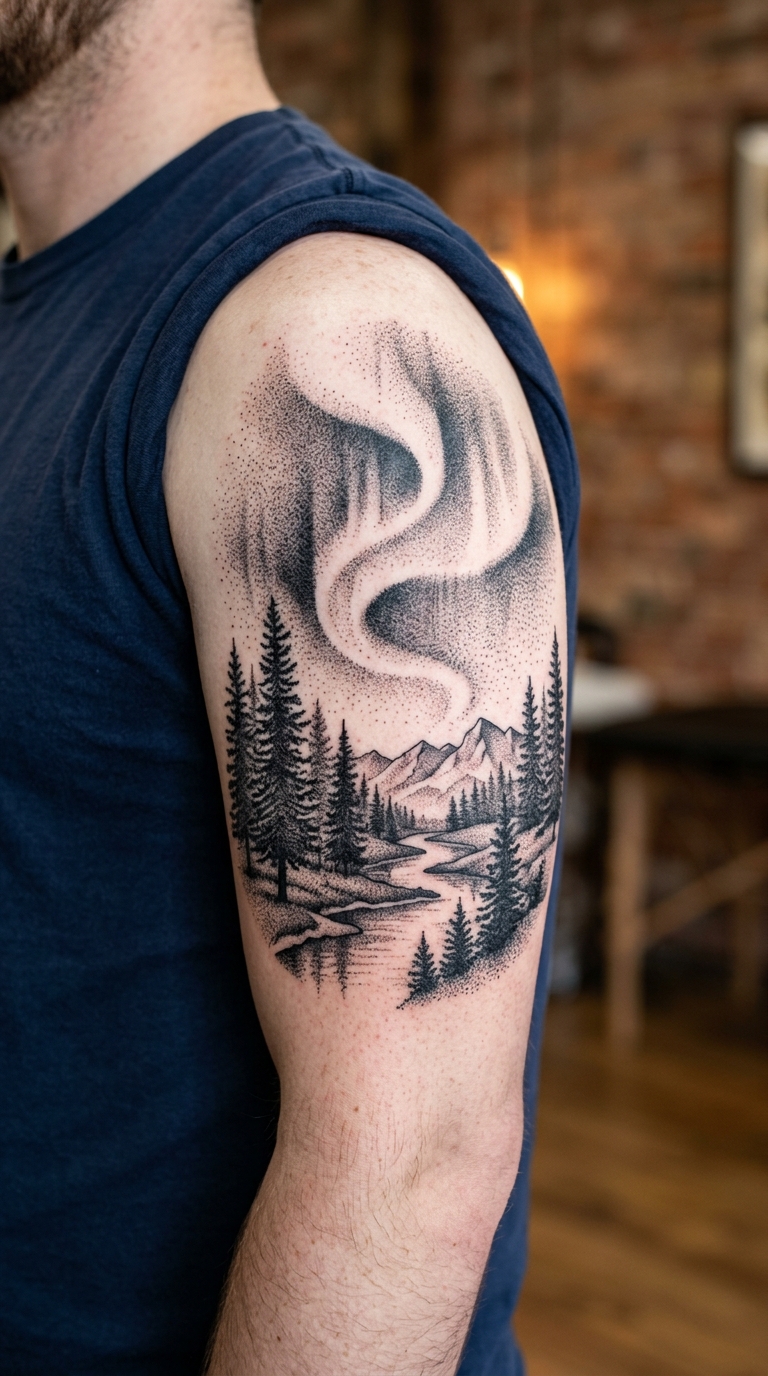 Nordlicht als Dotwork Tattoo auf dem Oberarm