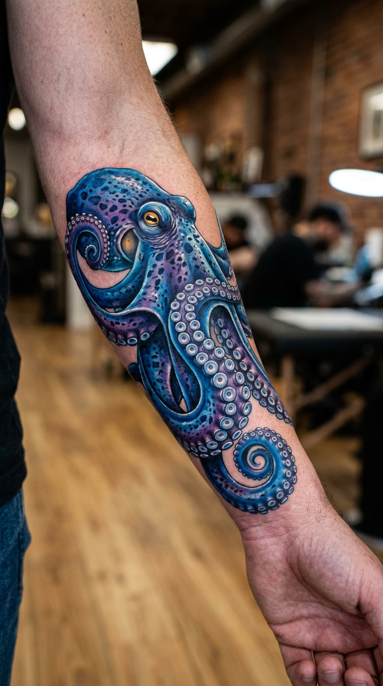 Oktopus als 3D Tattoo Idee für den Unterarm