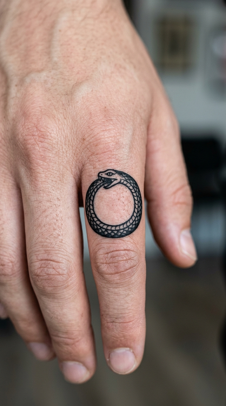 Ouroboros als Blackwork Tattoo auf dem Finger
