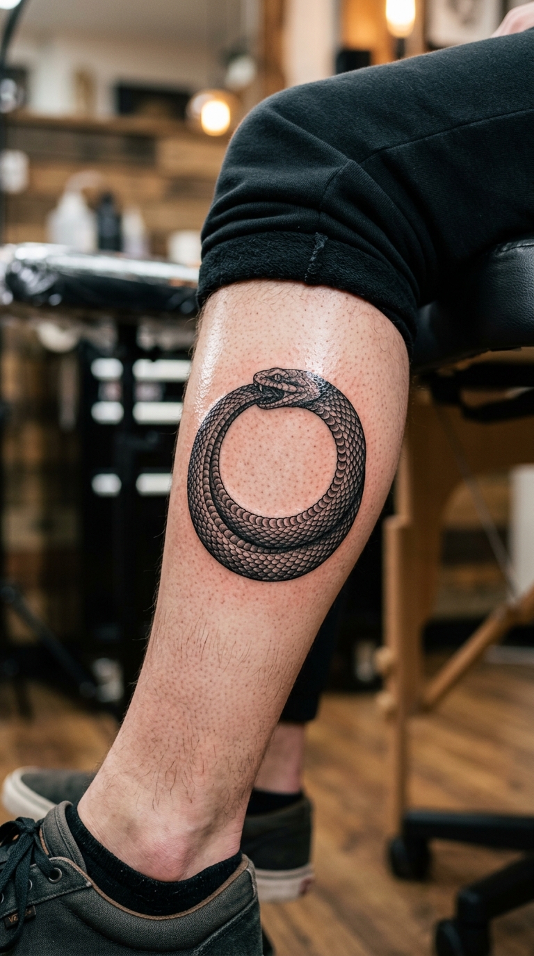 Ouroboros als kraftvolles Tier Tattoo für das Bein