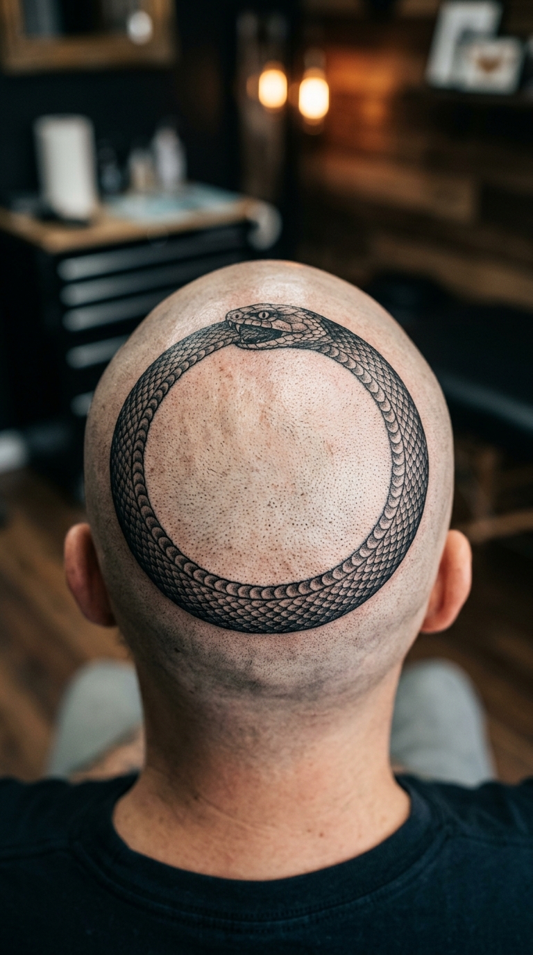 Ouroboros Schlange als filigranes Tier Tattoo für den Kopf