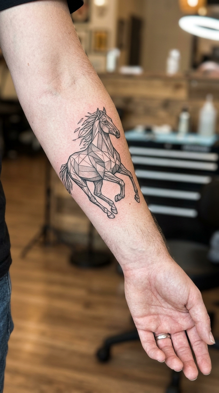 Pferd in Bewegung als geometrisches Tattoo für die Hand