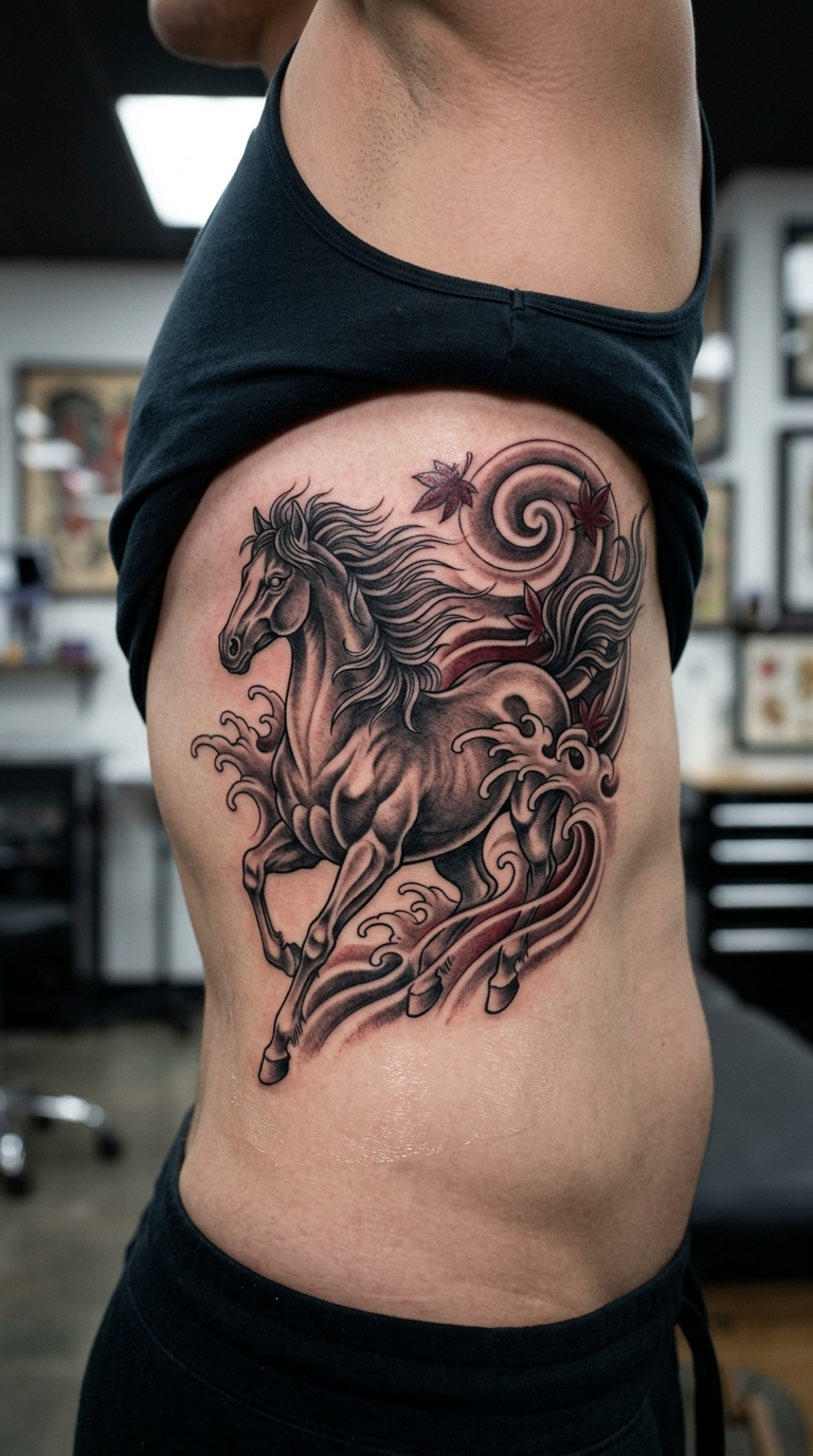 Pferd in Bewegung als japanisches Tattoo für die Rippen