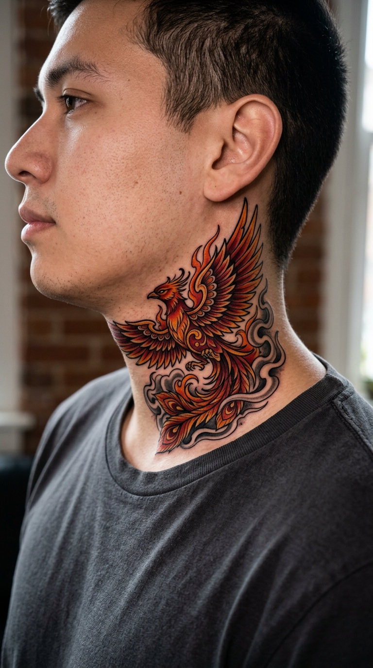 Phönix aus der Asche als Neo Traditional Tattoo für den Nacken