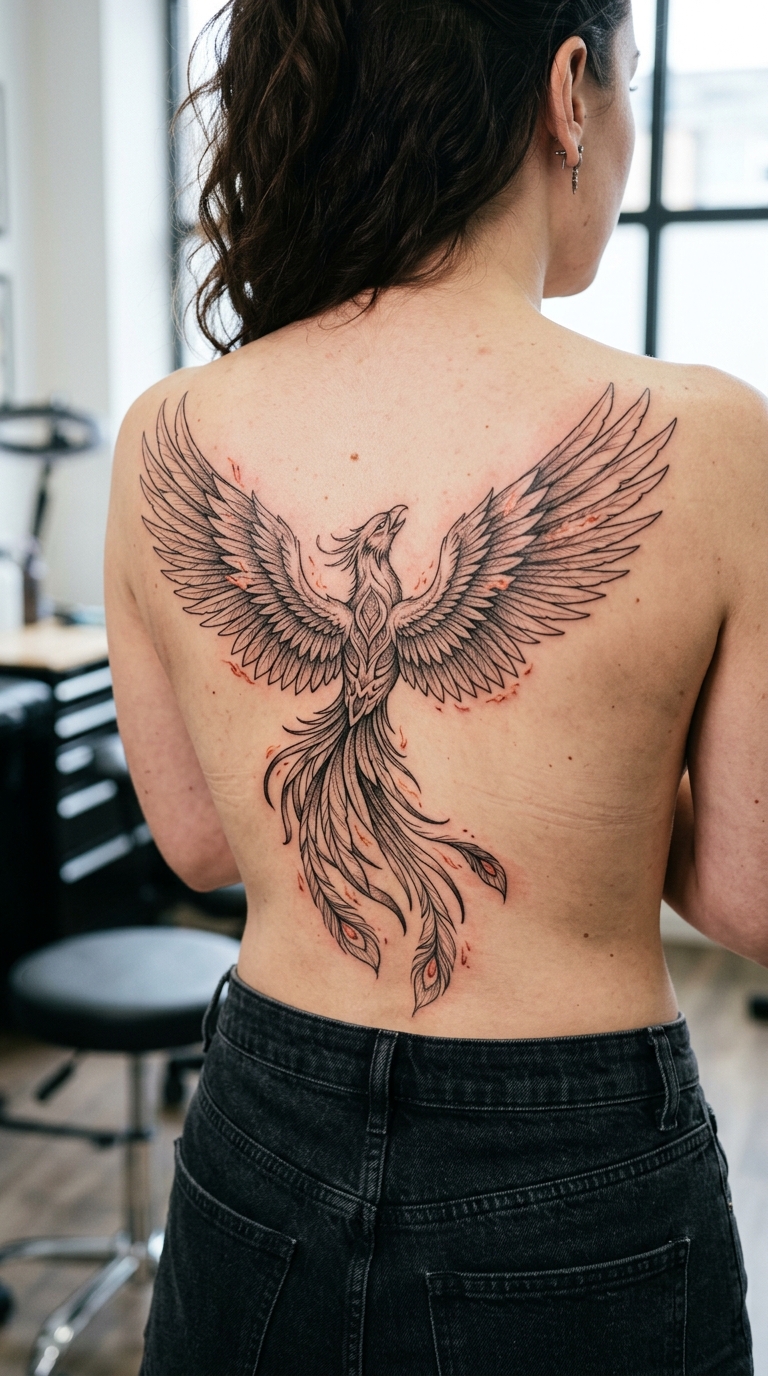 Phönix im Flug als elegantes Tier Tattoo für das Steißbein