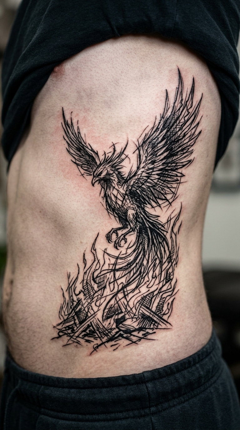 Phönix Tattoo Idee im kreuz und quer Stil für die Rippen
