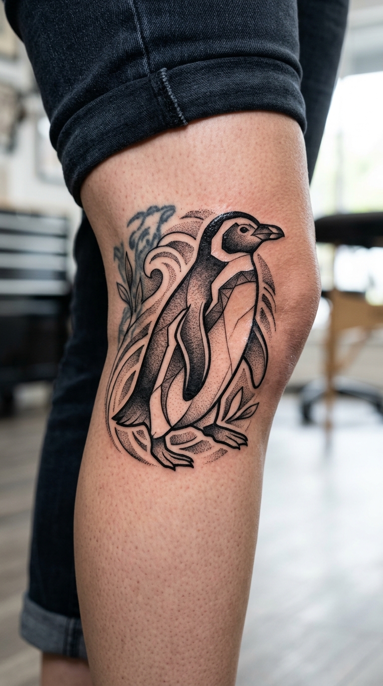 Pinguin als kreatives Cover up Tattoo für die Kniekehle