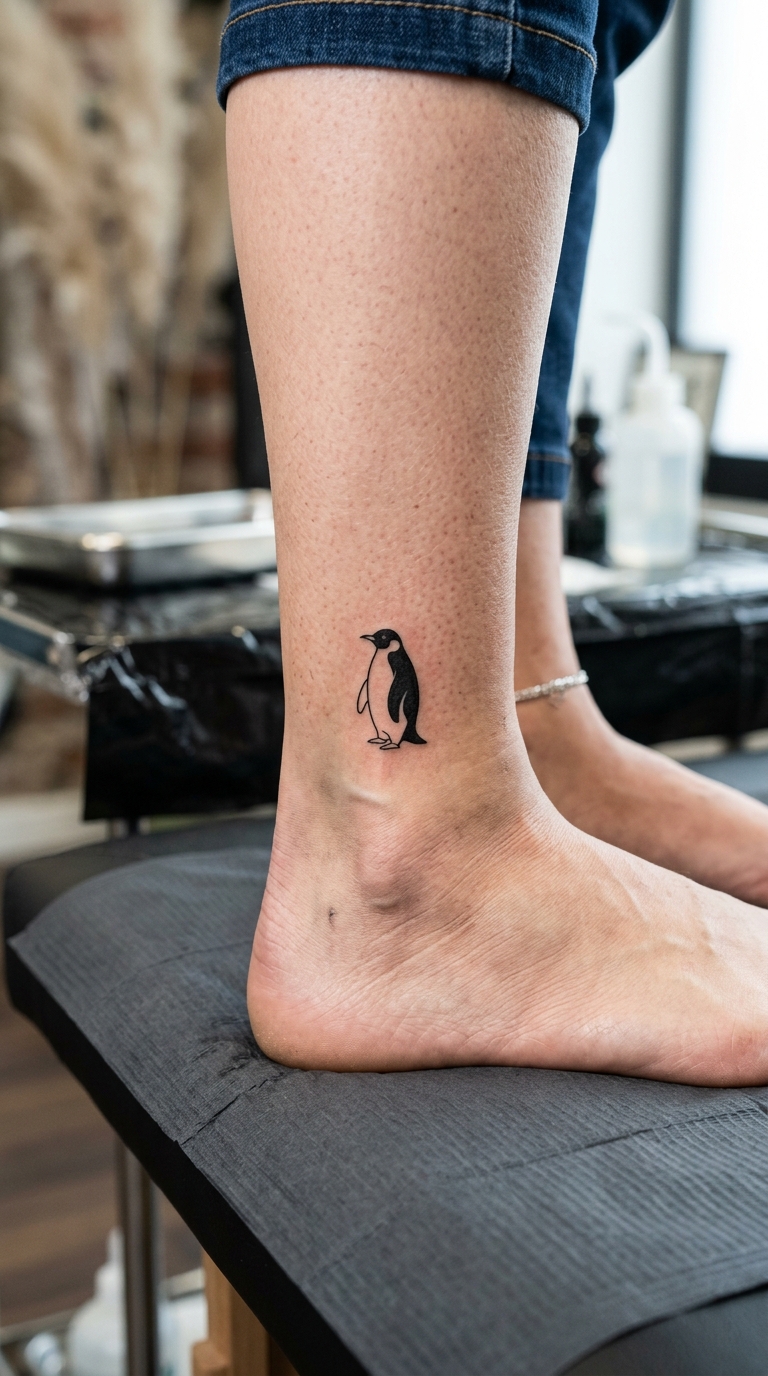 Pinguin als minimalistisches Tattoo für den Knöchel