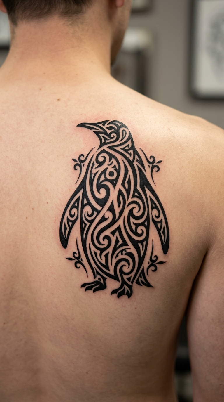 Pinguin als Tribal Tattoo für den Rücken