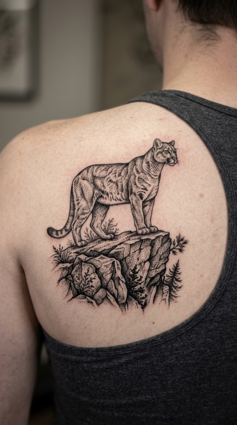 Puma auf Fels als Dotwork Tattoo für den Rücken