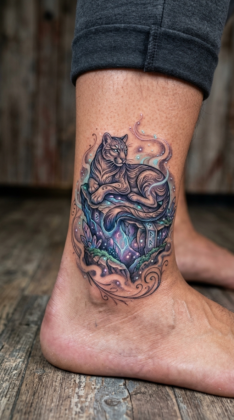 Puma auf leuchtendem Felsen als mystisches Fantasy Tattoo für den Knöchel