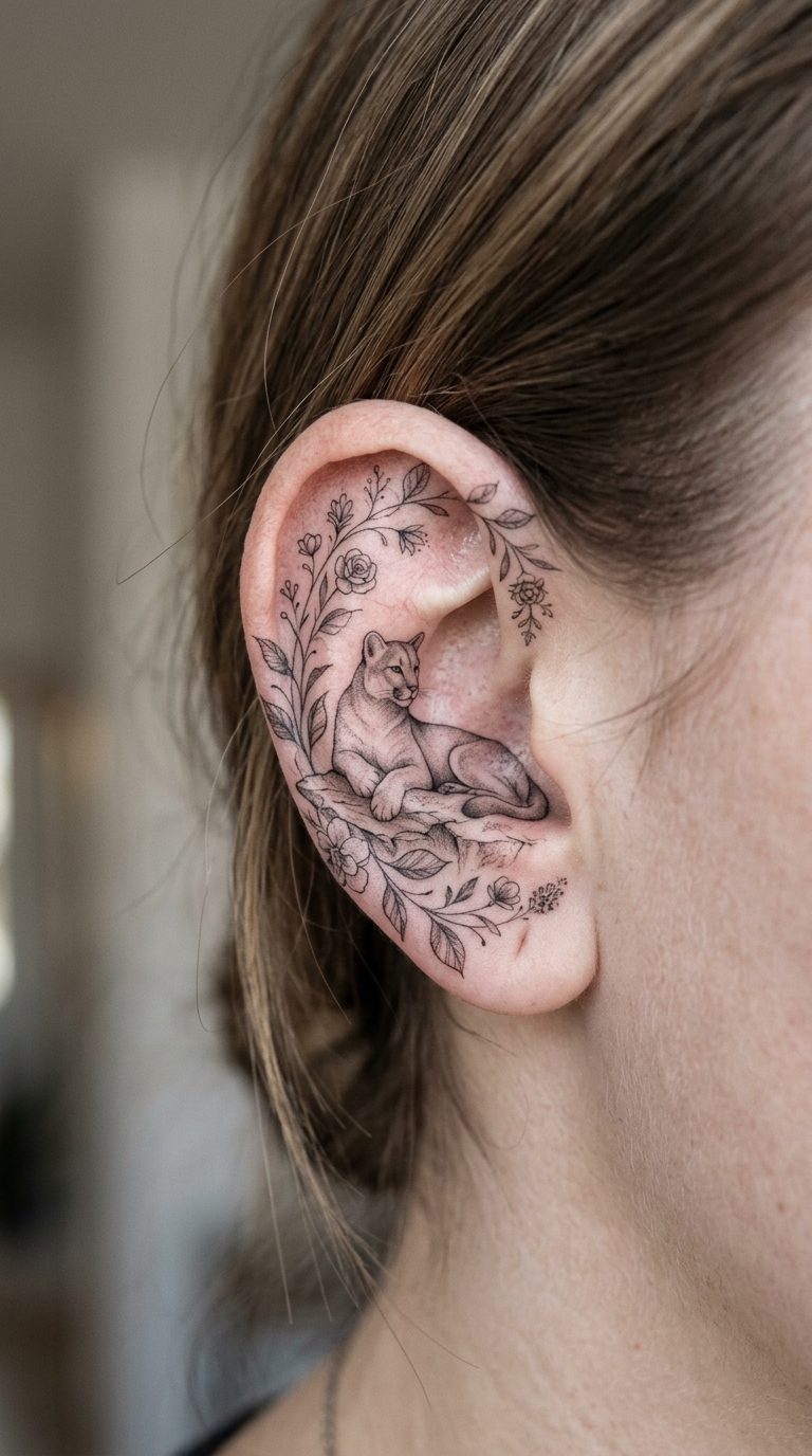 Puma inmitten von Blüten als florales Tattoo für das Ohr