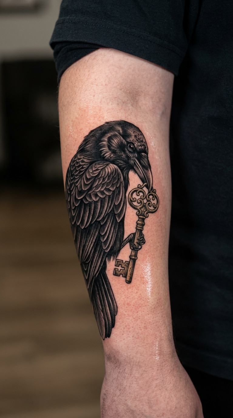 Rabe mit altem Schlüssel als Cover up Tattoo für den Unterarm