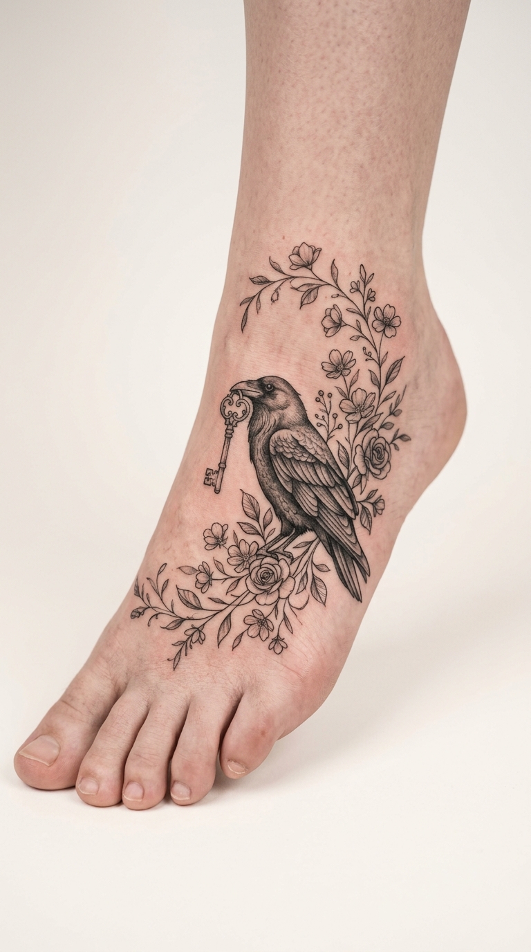 Rabe mit altem Schlüssel als florales Tattoo für den Fuß