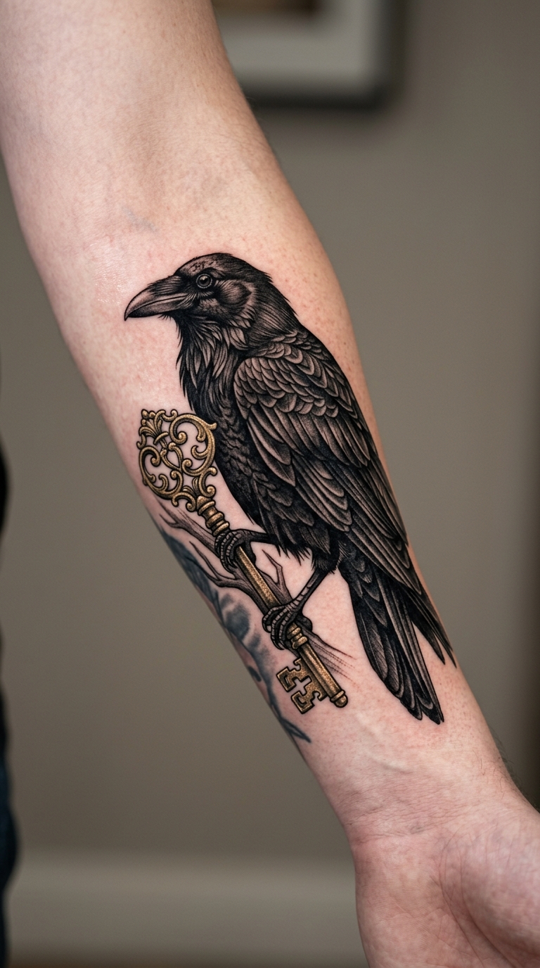 Rabe mit goldenem Schlüssel als Cover up Tattoo für den Arm
