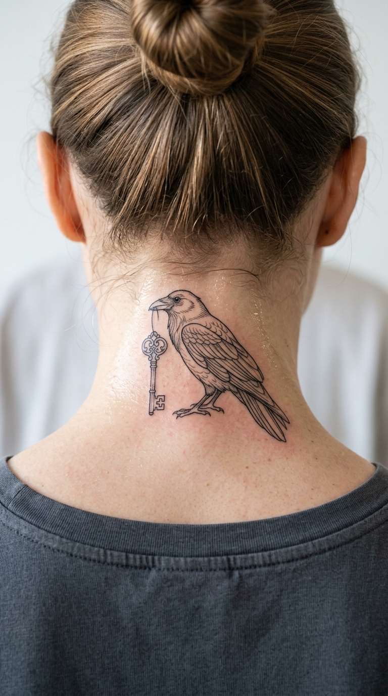 Rabe mit Schlüssel als Fineline Tattoo für den Nacken