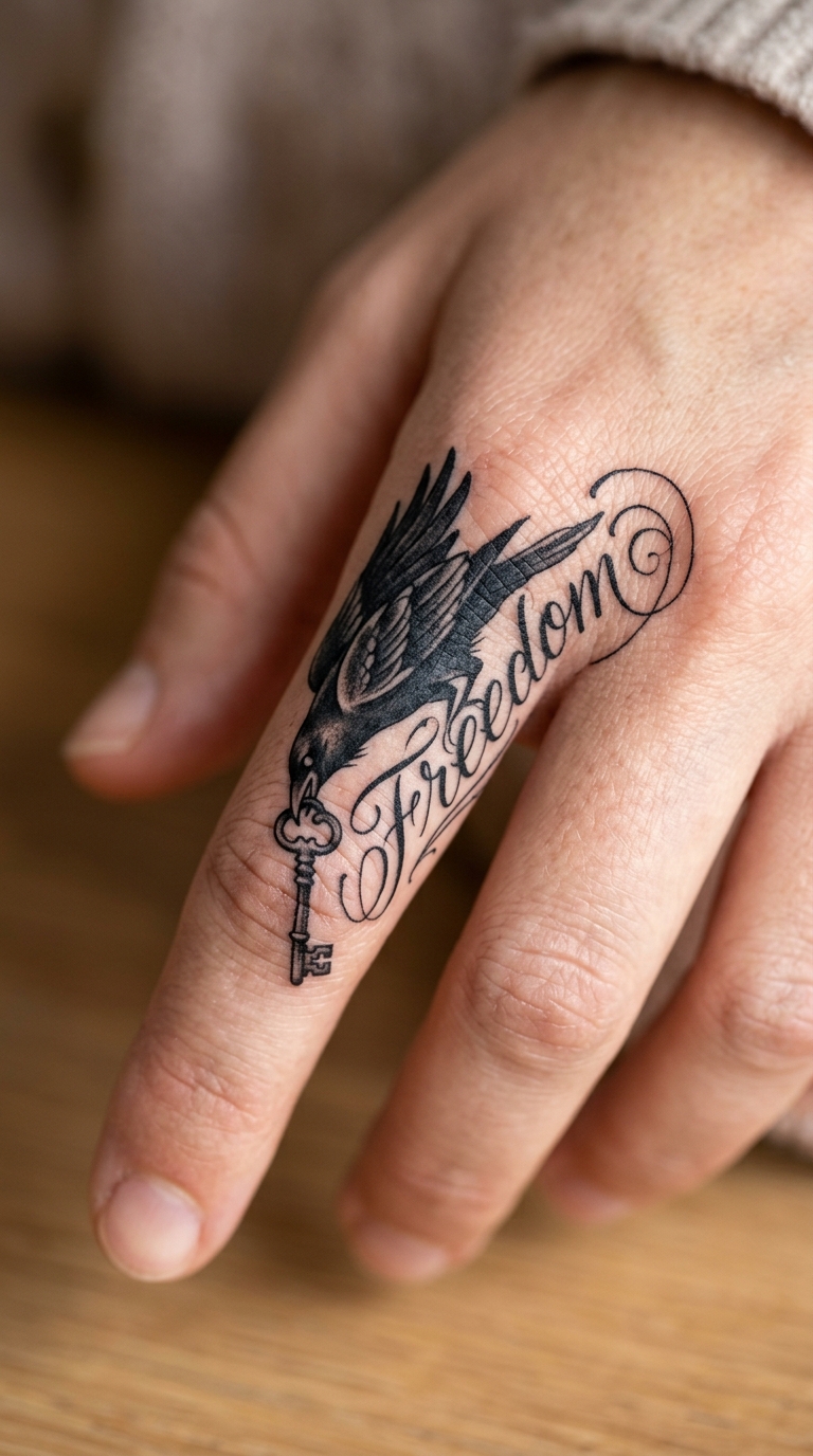 Rabe mit Schlüssel als Schrift Tattoo für den Finger