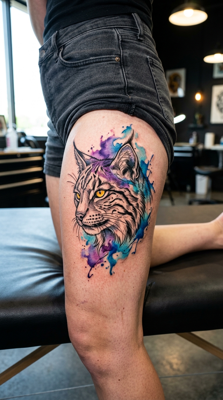 Raubkatze im Aquarell Look als Tattoo für den Oberschenkel