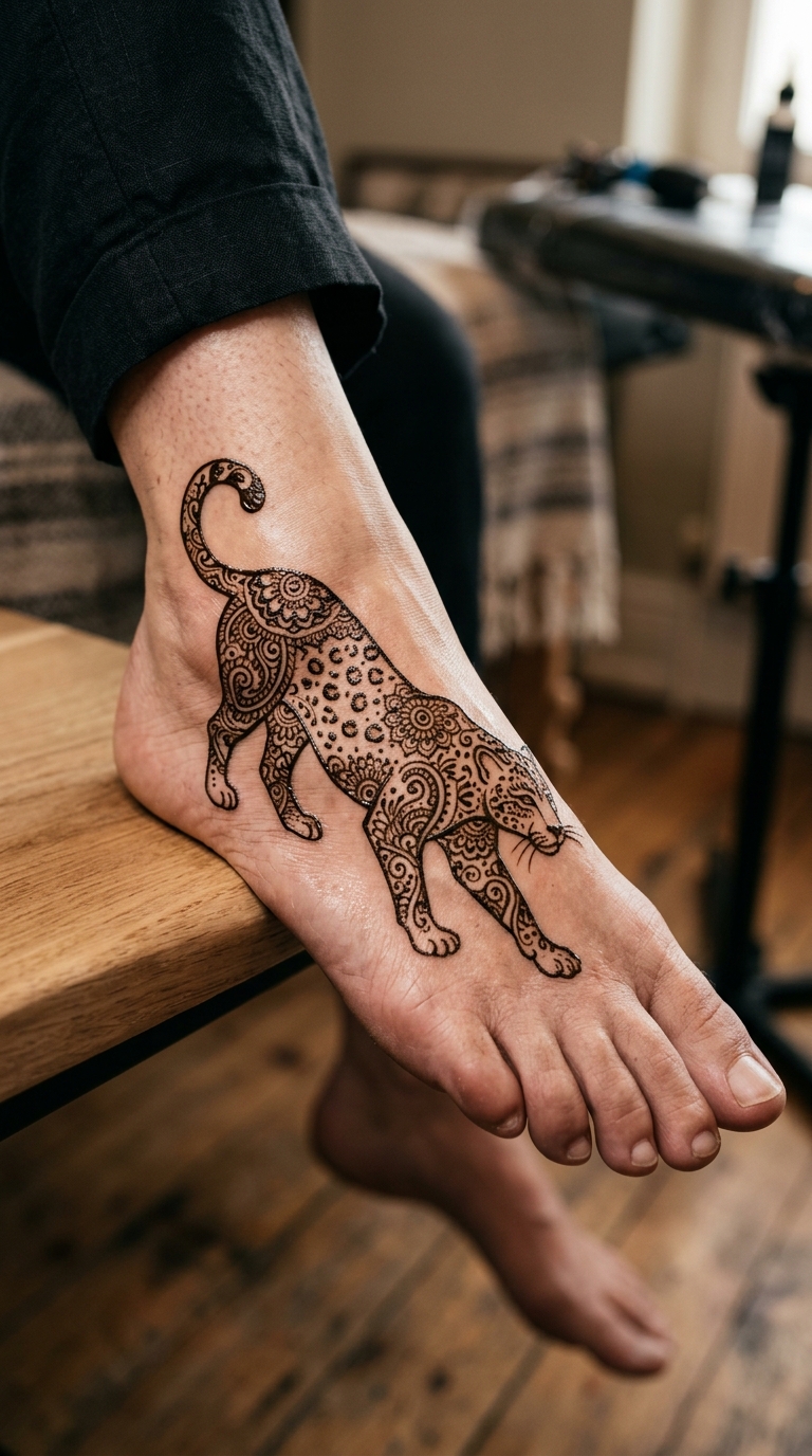 Raubkatze im Henna Stil als Tattoo Idee für den Fuß