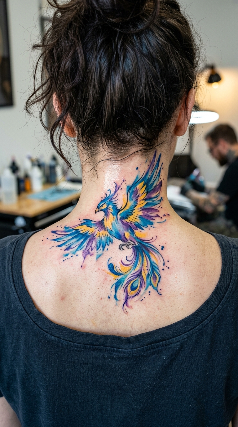 Roc Vogel als Aquarell Tattoo für den Nacken
