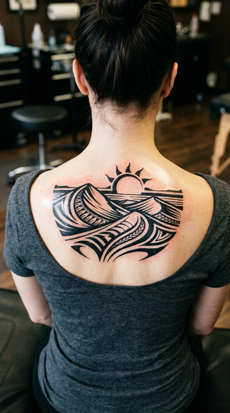 Sandsturm in der Wüste als Tribal Tattoo für den Rücken