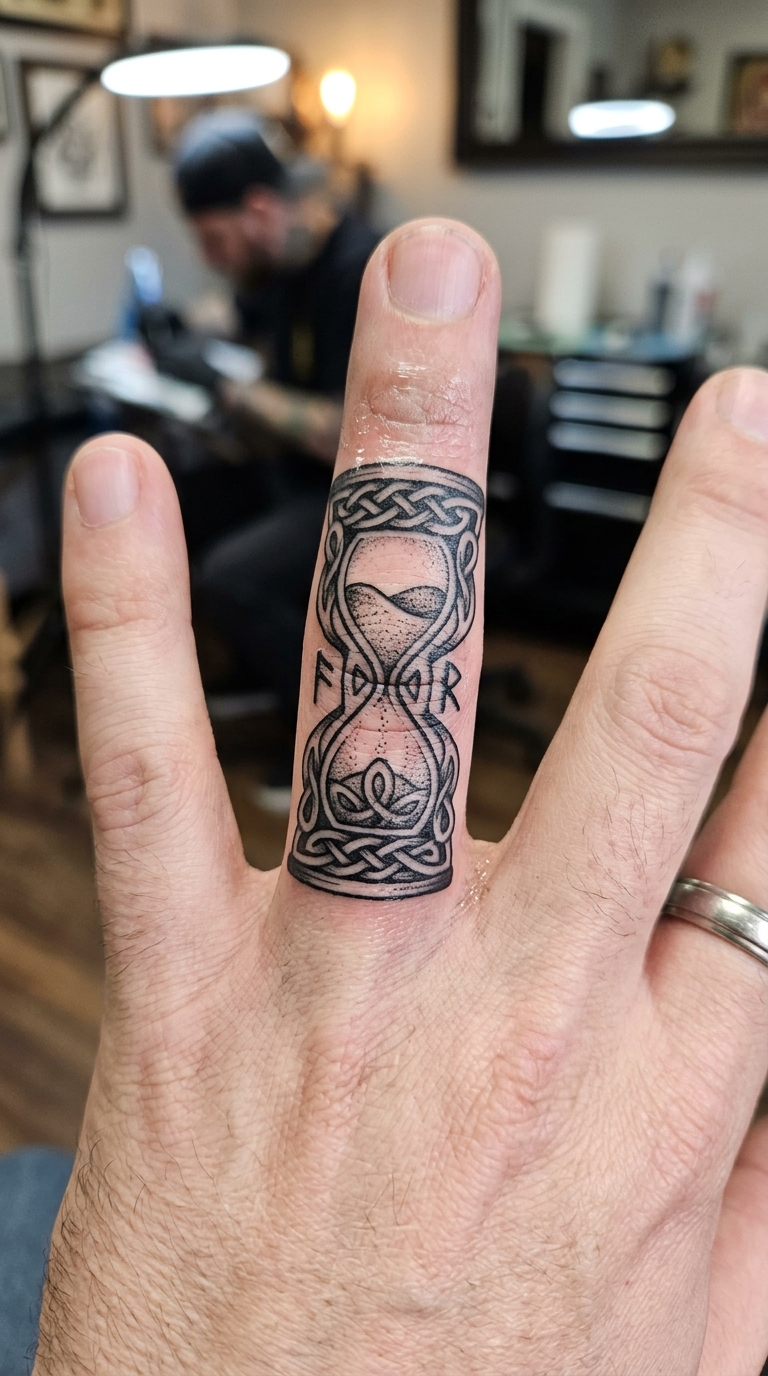 Sanduhr Motiv als Wikinger und Celtic Tattoo für den Finger