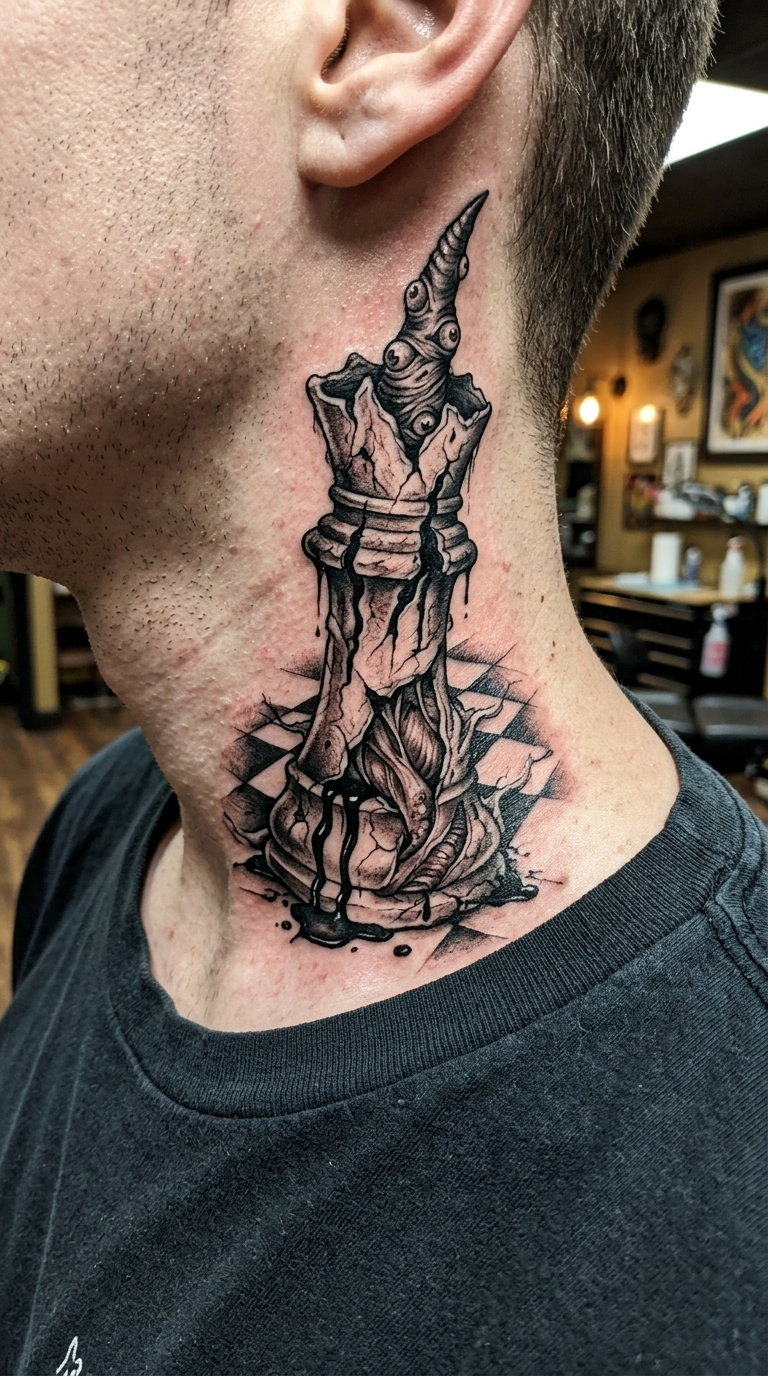 Schachkönig als Horror Tattoo Idee für den Nacken