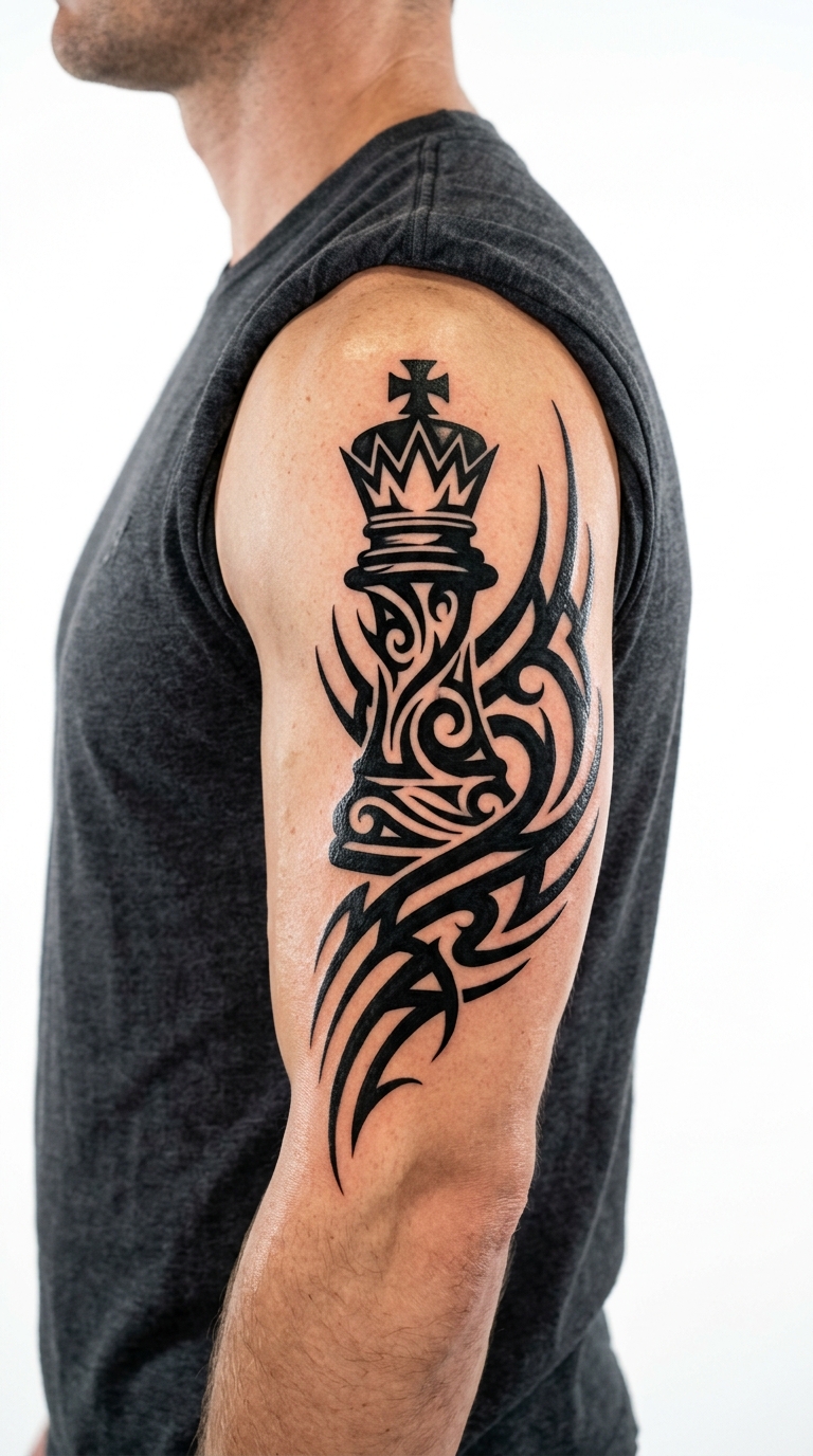Schachkönig als markantes Tribal Tattoo für den Oberarm