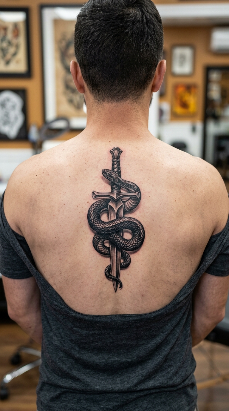 Schlange mit Degen als 3D Tattoo Vorlage für den Rücken