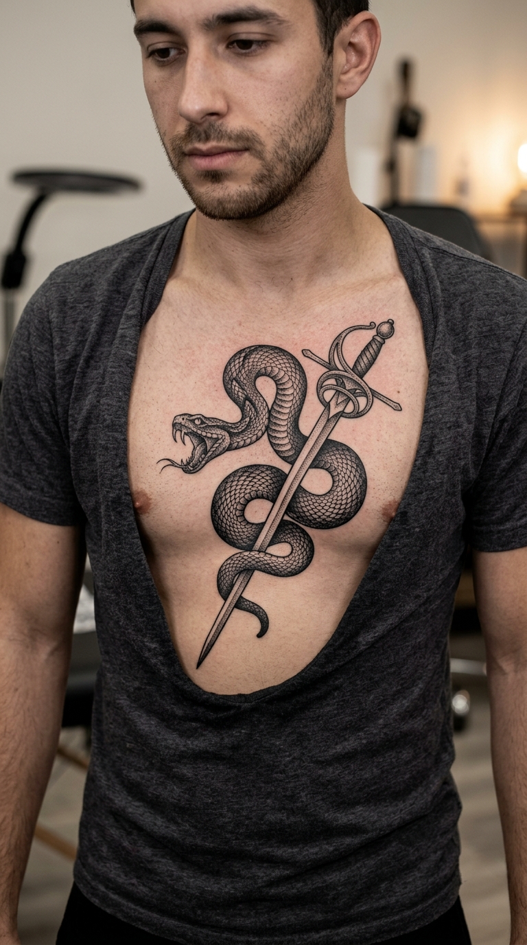 Schlange mit Degen als Dotwork Tattoo für Brust & Oberkörper