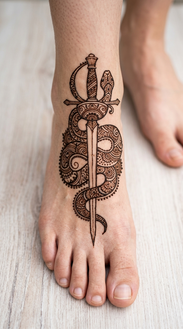 Schlange mit Degen als Henna Tattoo Idee für den Fuß