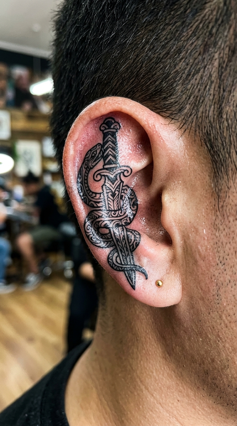 Schlange mit Degen als Maori Tattoo Idee für das Ohr
