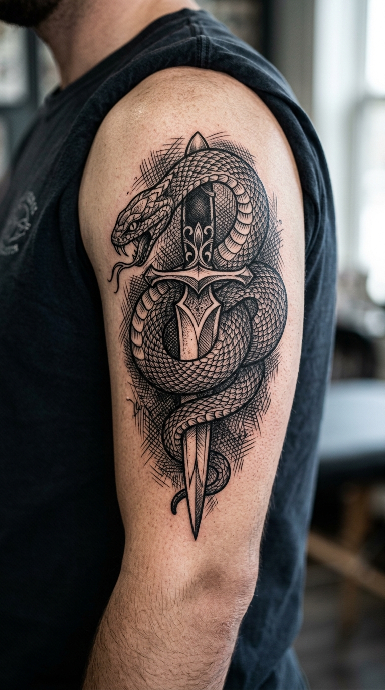 Schlange mit Dolch als Tattoo Idee für den Oberarm