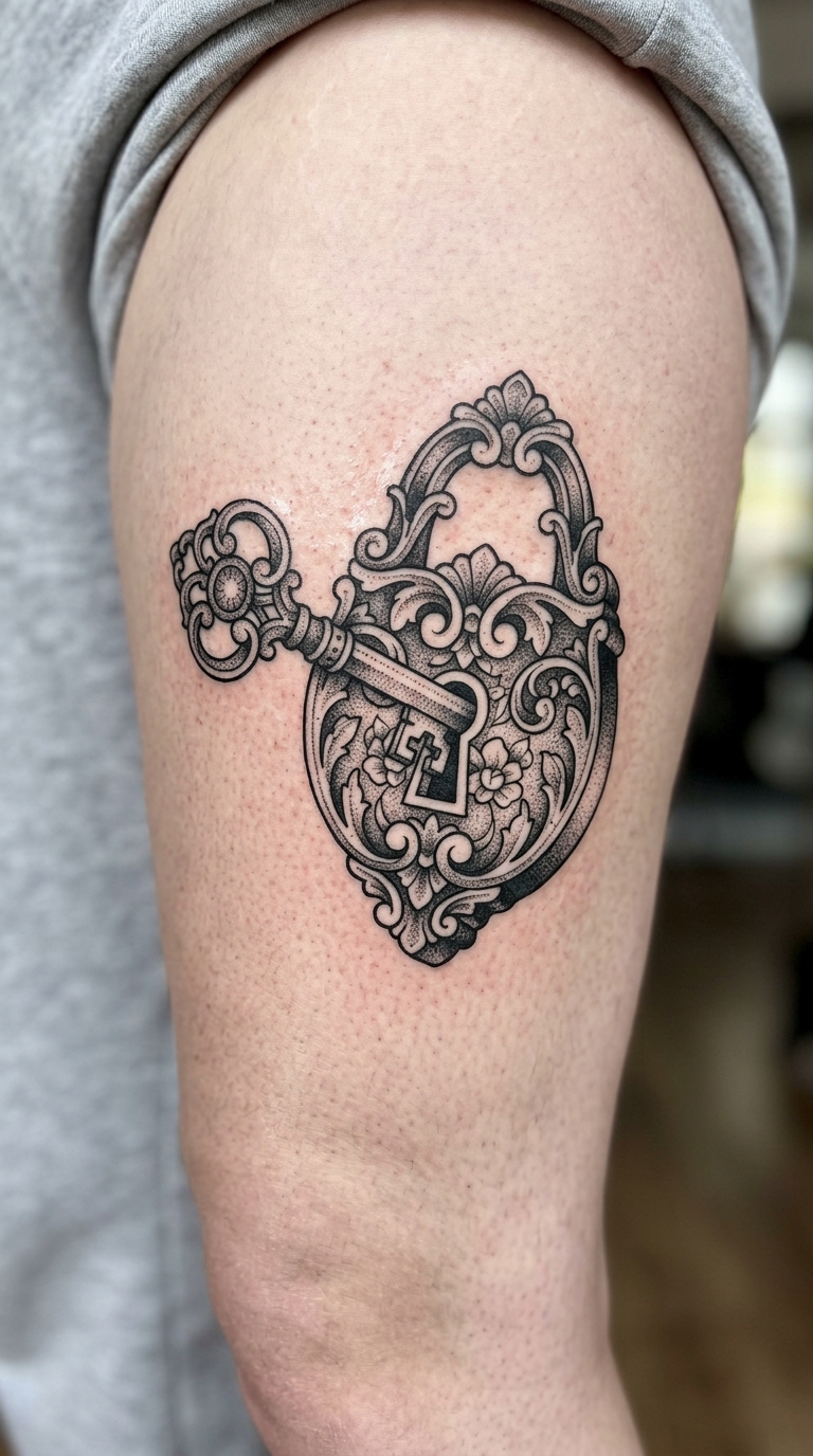 Schlüssel zu einem Schloss als Dotwork Tattoo für das Bein