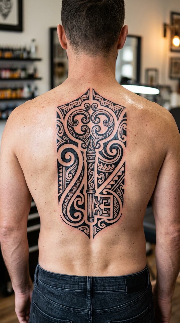 Schlüssel zu einem Schloss als Maori Tattoo Idee für den Rücken
