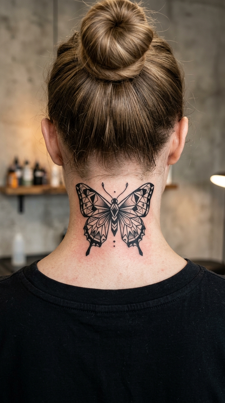 Schmetterling aus geometrischen Formen als Blackwork Tattoo im Nacken
