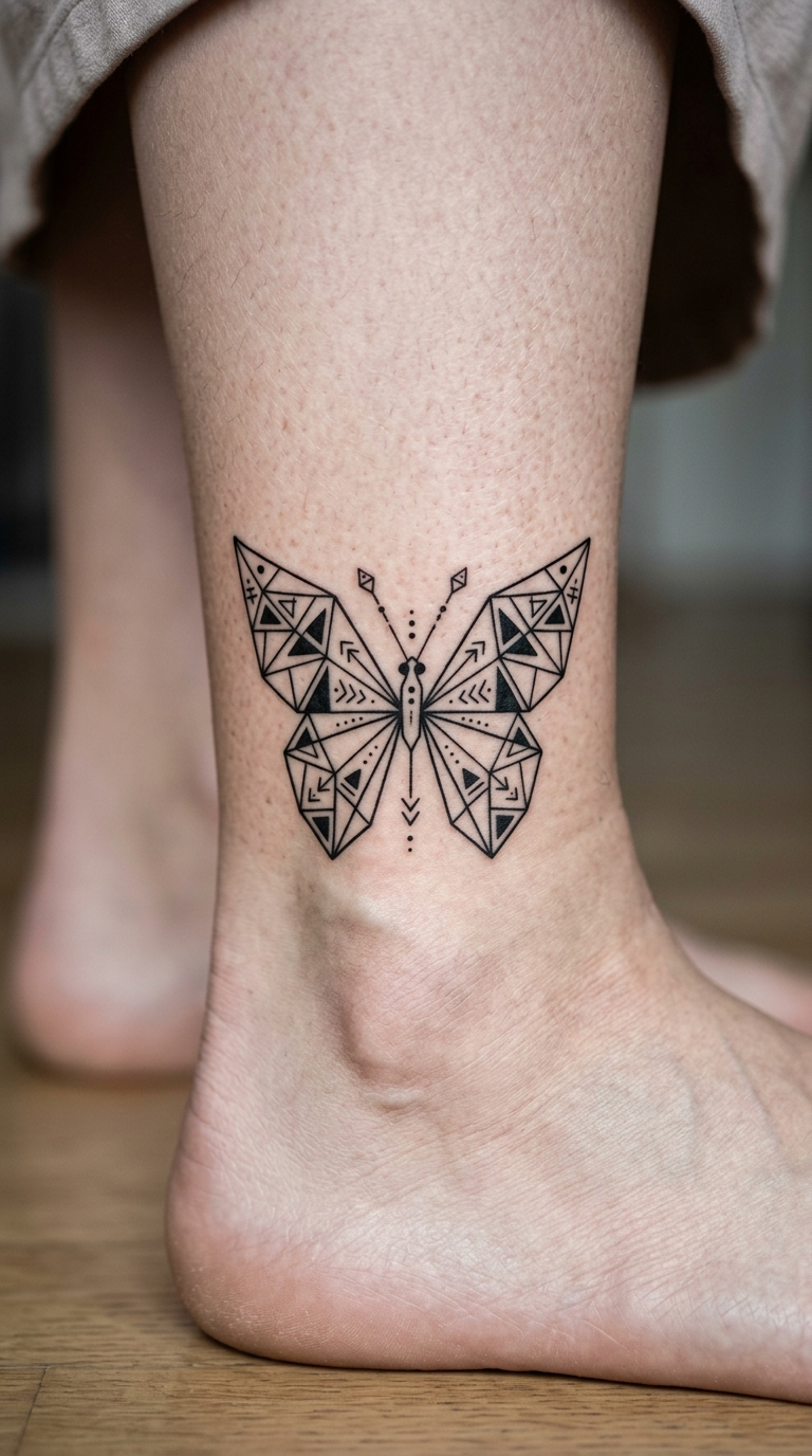 Schmetterling aus geometrischen Formen Tattoo Idee für den Knöchel