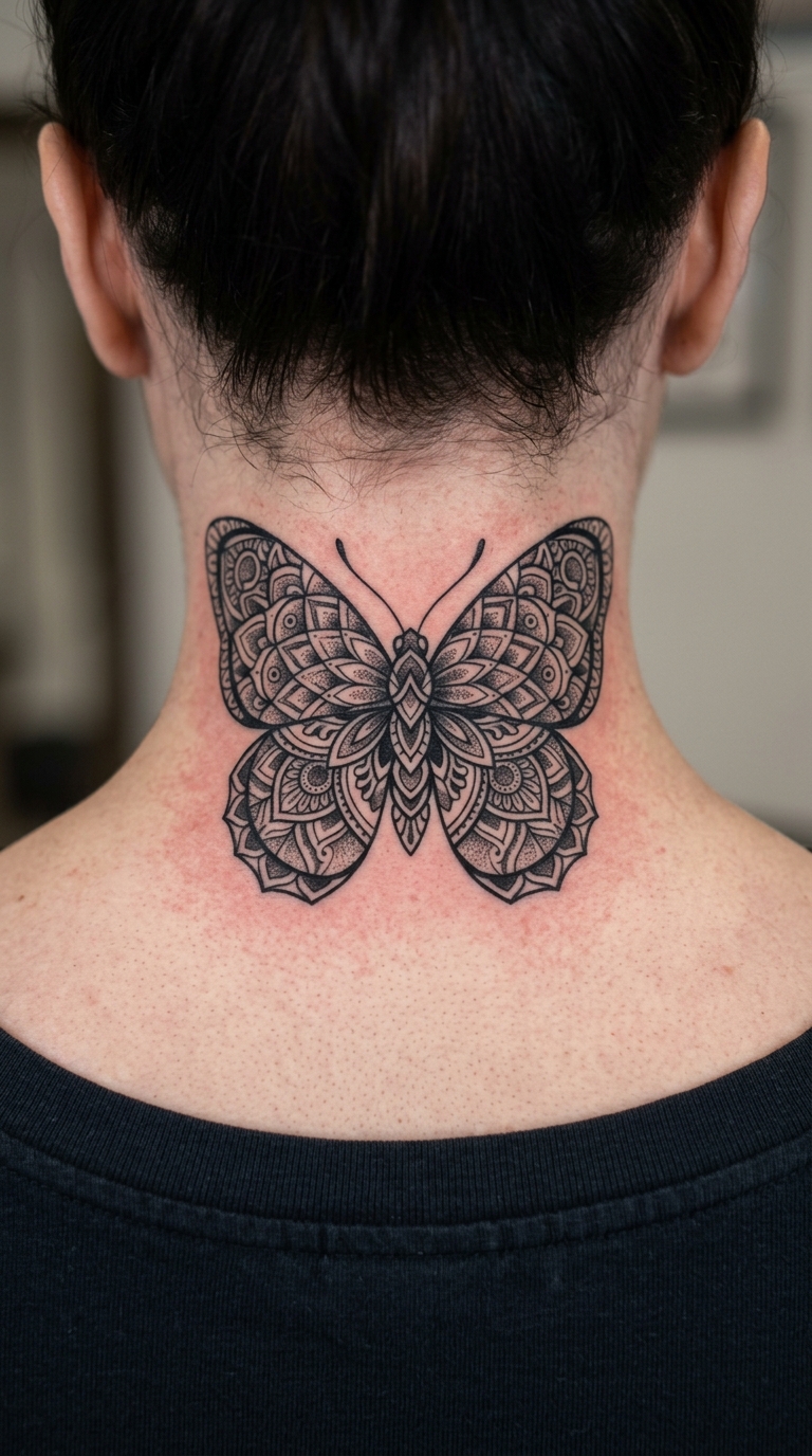 Schmetterling aus geometrischen Mandala Formen im Nacken