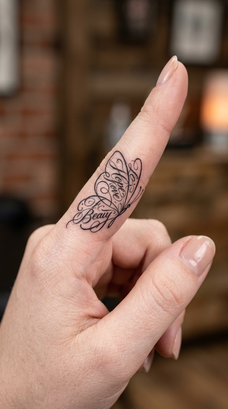 Schmetterling aus Worten als feines Tattoo für den Finger