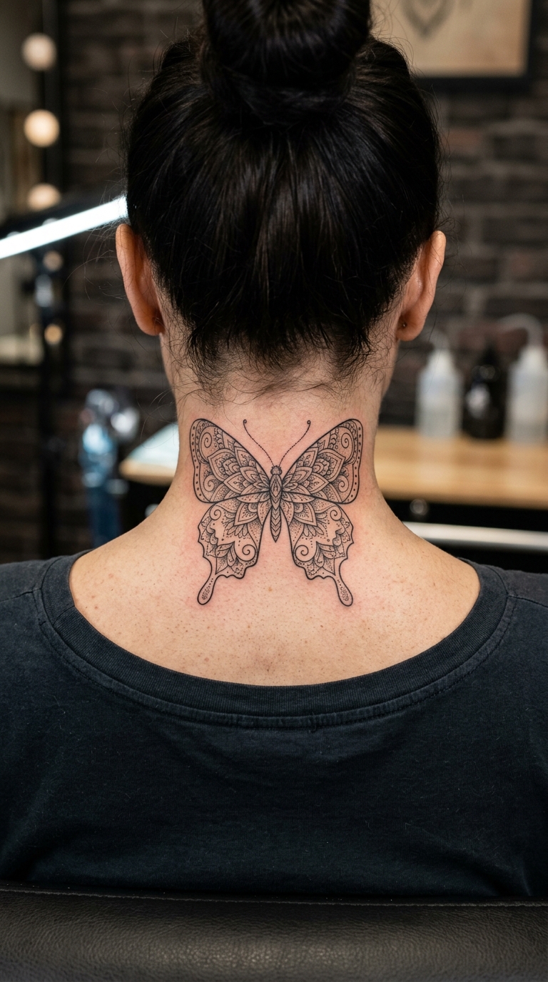 Schmetterling im Henna Look als Tattoo für den Nacken