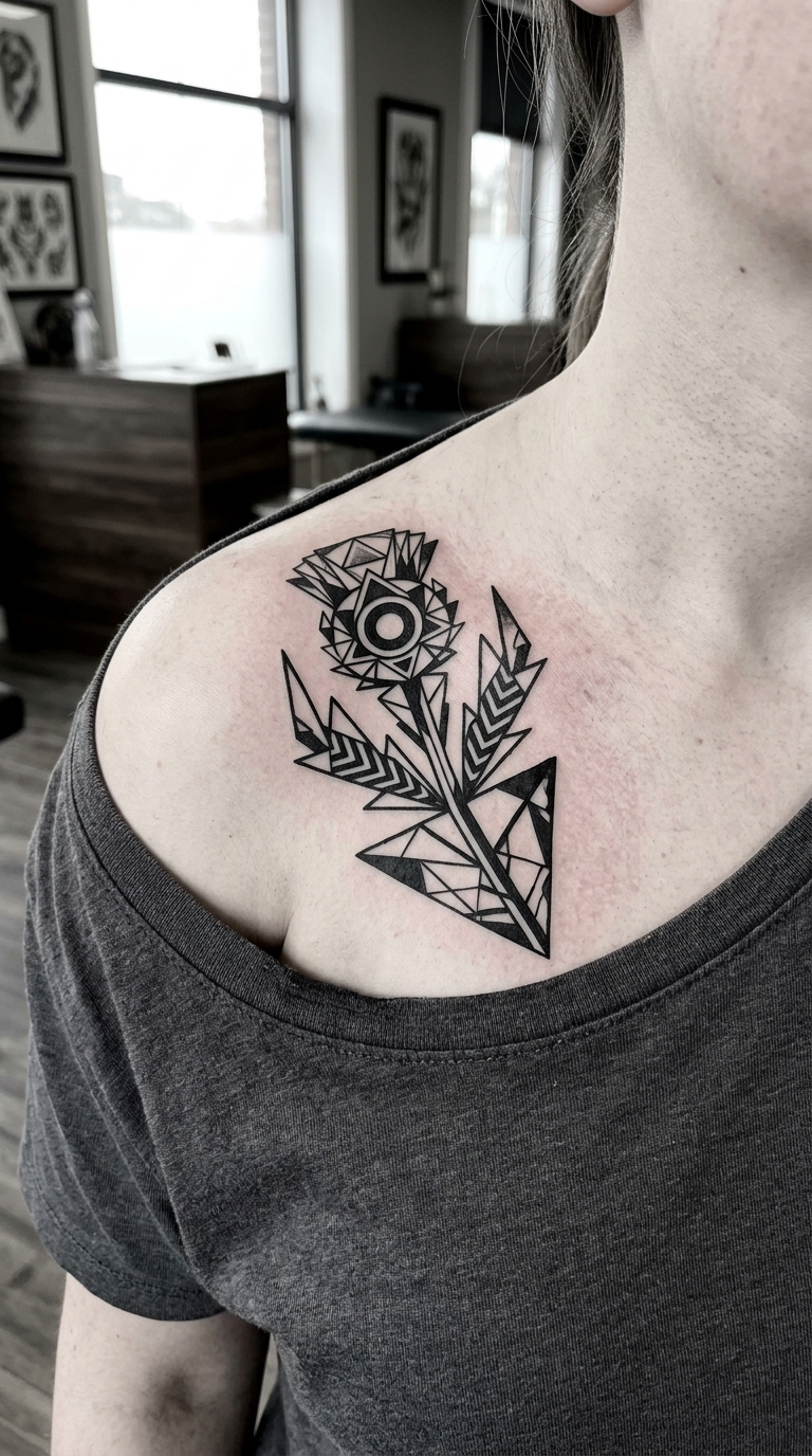 Schottische Distel als geometrisches Tattoo für das Schlüsselbein